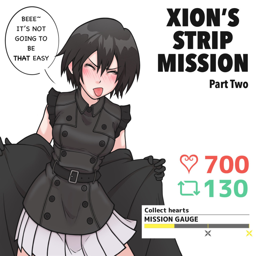 1girls belt black_hair blush closed_eyes clothed coat female gloves kingdom_hearts seifuku_slayer short_hair solo solo_female tongue_out twitter_strip_game_(meme) undressing xion