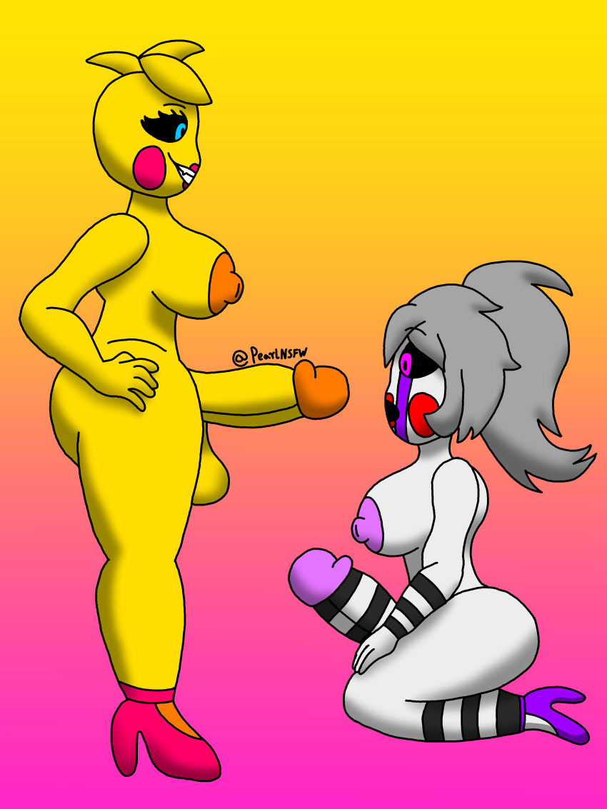 2futas areolae balls big_breasts black_sclera breasts duo erection five_nights_at_freddy's five_nights_at_freddy's_2 futa_on_futa futa_only futanari grey_skin grin hands_on_hips hands_on_thighs high-angle_view high_heels huge_balls huge_cock humanoid humanoid_penis kneeling marionette_(fnaf) masturbation nipples nude on_knees pearlnsfw penis puppet_(fnaf) shocked_expression side_view toy_chica_(fnaf) yellow_body yellow_skin