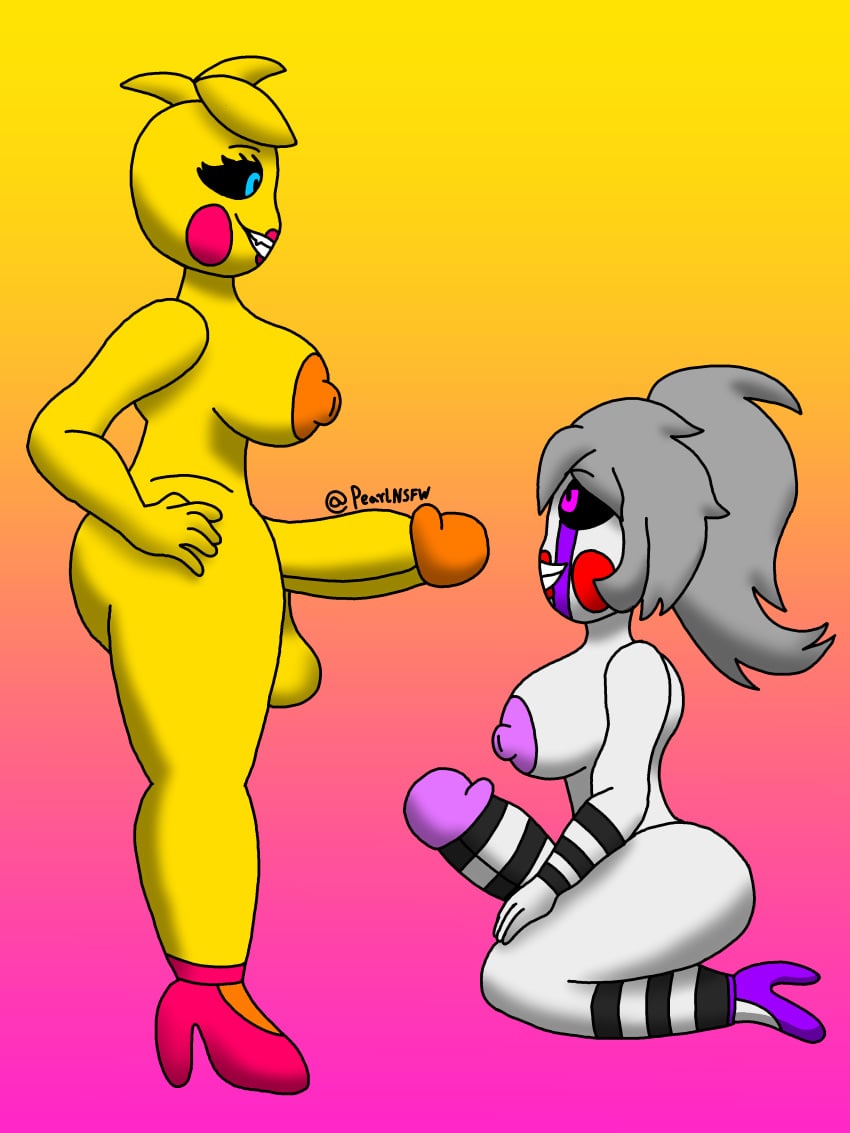 2futas areolae balls big_breasts black_sclera breasts duo erection five_nights_at_freddy's five_nights_at_freddy's_2 futa_on_futa futa_only futanari grey_skin grin hands_on_hips hands_on_thighs high-angle_view high_heels huge_balls huge_cock humanoid humanoid_penis kneeling marionette_(fnaf) masturbation nipples nude on_knees pearlnsfw penis puppet_(fnaf) side_view toy_chica_(fnaf) yellow_body yellow_skin