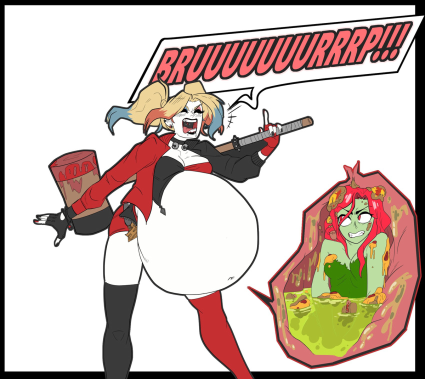 batman_(series) big_belly bra breasts burping clothing dc dc_comics digestion green_leotard hammer harley_quinn huge_belly inside_view lipstick mr_rattleb0nes pigtails poison_ivy red_jacket red_skin tagme tights vore