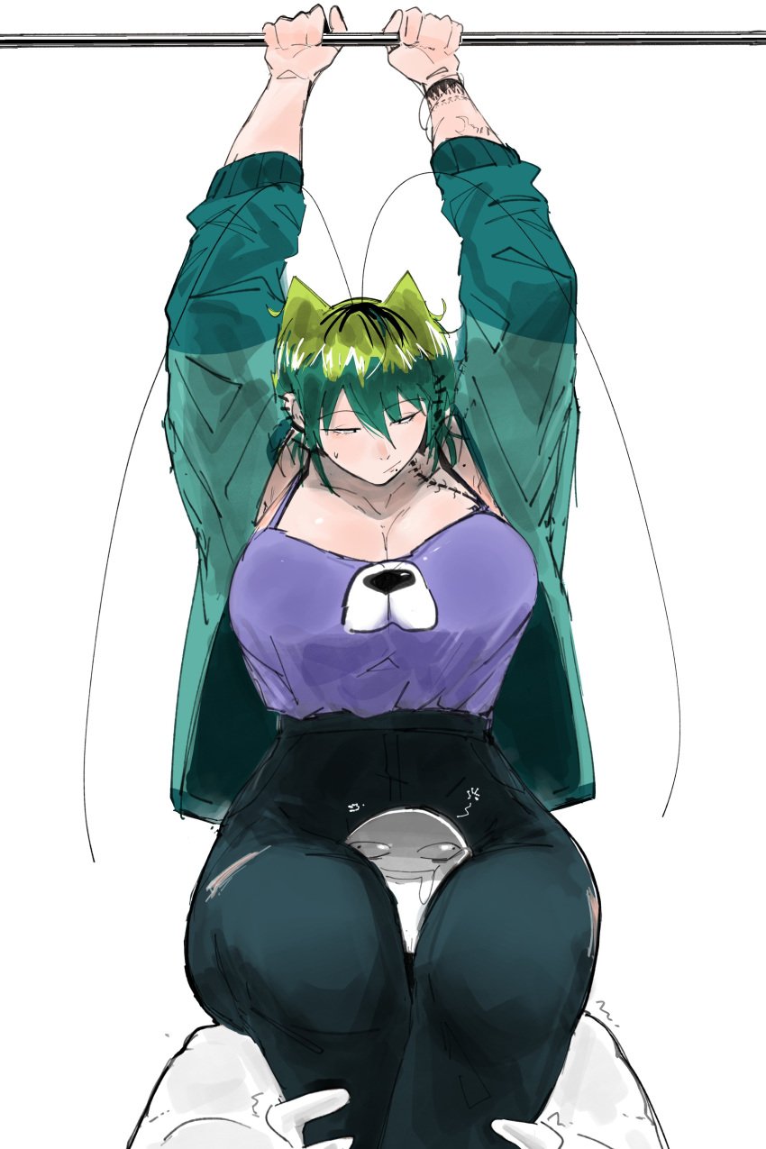 1boy 1girls alien_girl ass_bigger_than_head big_ass big_breasts ear_piercing green_hair headscissor jeans roach rochi rochi(rrrroch1) rrrroch1 size_difference stuck taller_girl tattoo tomboy