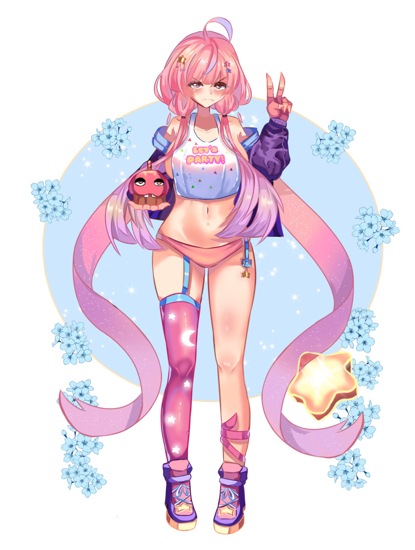 1girls artist_request cosplay cupcake_(fnaf) embarrassed essievt female female_focus female_only five_nights_at_freddy's five_nights_at_freddy's_2 fnaf fnaf_2 long_hair panties peace_sign pink_hair pink_panties toy_chica_(cosplay) toy_chica_(fnaf)_(cosplay) virtual_youtuber