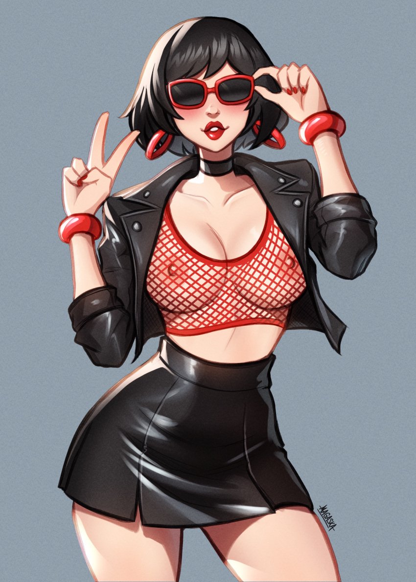 absurdres adjusting_eyewear adjusting_glasses adjusting_sunglasses artist_name black_choker black_hair black_jacket black_skirt blush bob_cut bracelet breasts choker crop_top cropped_jacket earrings evie_(fortnite) female fishnet_top fishnets fortnite grey_background highres hoop_earrings jacket jewelry large_breasts leather leather_jacket leather_skirt magaska19 nipples open_clothes open_jacket red-framed_eyewear red_lips red_nails red_shirt shirt short_hair simple_background skirt solo sunglasses tinted_eyewear v