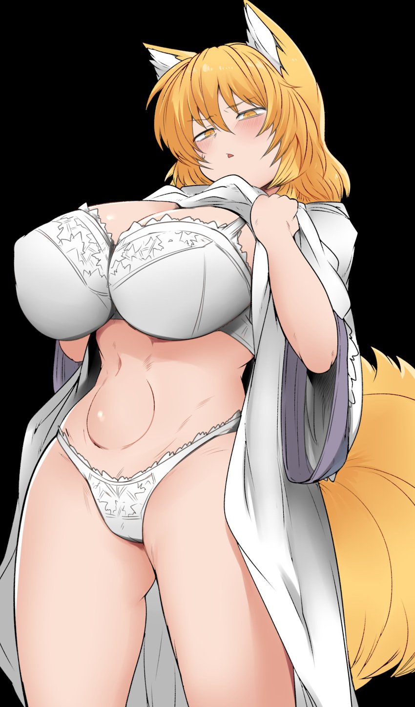 absurdres animal_ears black_background blonde_hair blush breasts clothes_lift commentary dress dress_lift female fox_ears fox_tail hair_between_eyes half-closed_eyes highres huge_breasts lifted_by_self mature_female medium_hair milf mizuga multiple_tails no_headwear parted_lips ran_yakumo simple_background solo symbol-only_commentary tail tails touhou triangle_mouth underwear white_dress yakumo_ran yellow_eyes