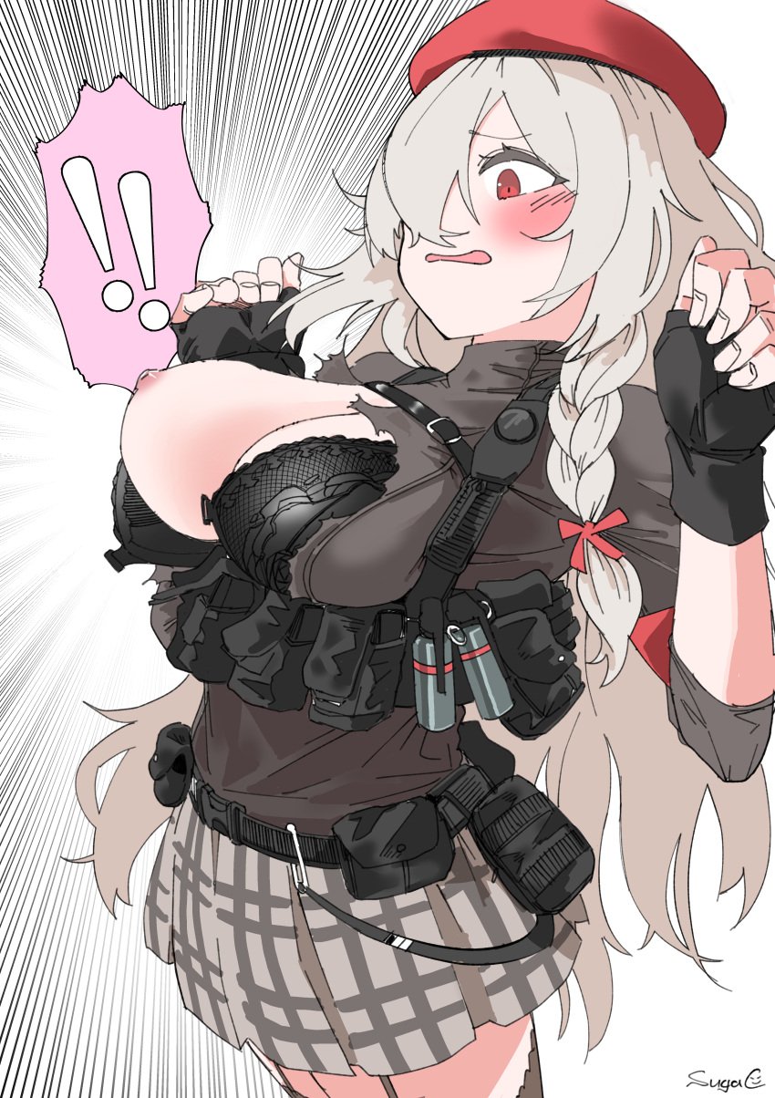 !! artist_signature beret big_breasts braided_hair fingerless_gloves g36c_(girls'_frontline) girls'_frontline gloves hair_over_one_eye one_breast_out red_eyes sugac tagme wardrobe_malfunction white_hair