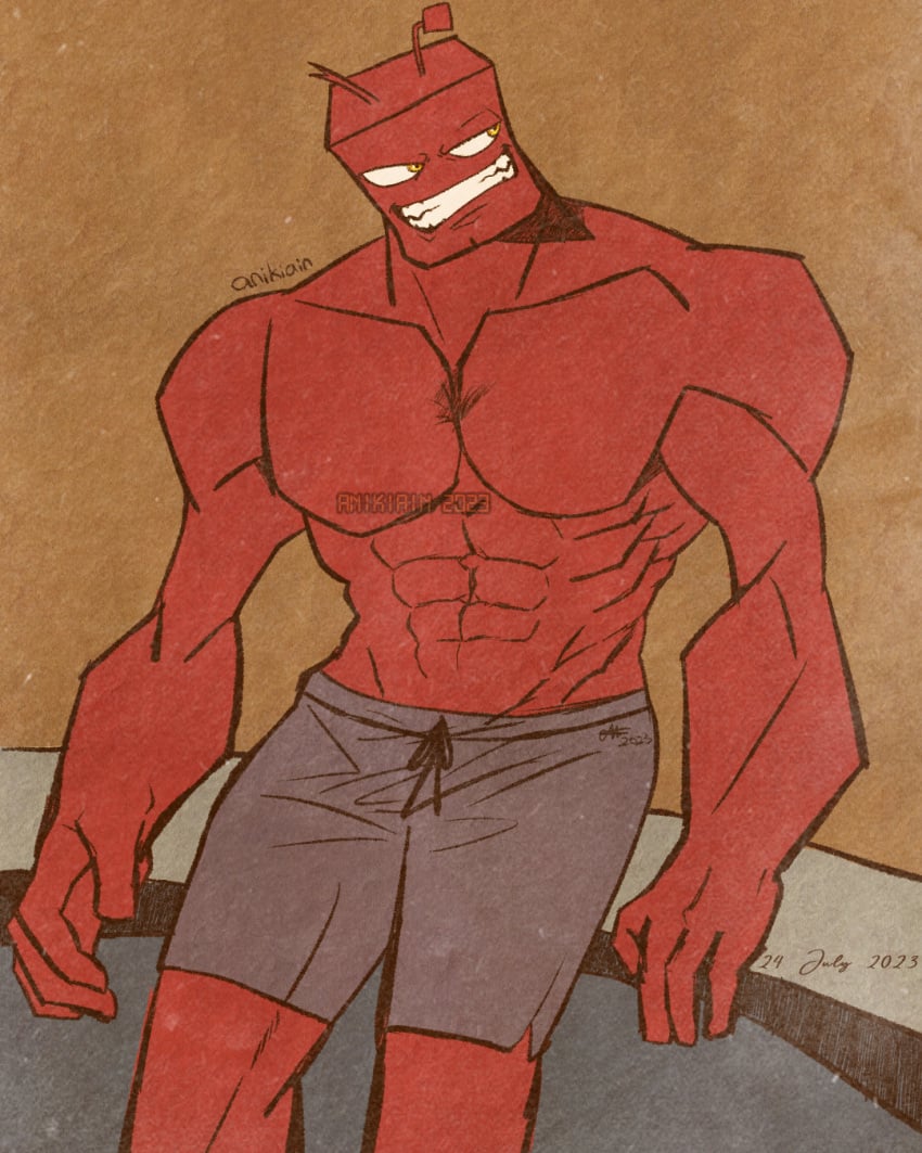 abs alien anikiain_(artist) boboiboy_(series) bora_ra_(boboiboy) cube_head half_naked kubulus leaning_against_counter looking_to_the_side male_only muscular_male pecs red_skin shirtless shorts solo