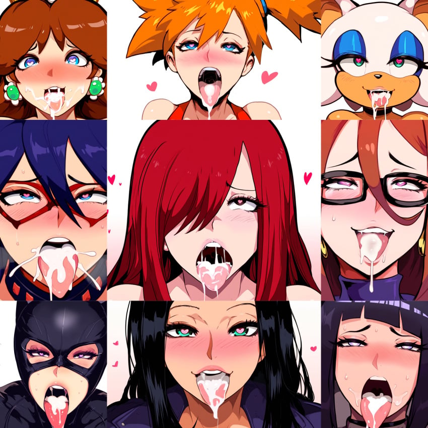 9girls after_fellatio ahe_gao ai_generated android_21 artist_request catwoman crossover cum_in_mouth dc dc_comics dragon_ball_fighterz erza_scarlet fairy_tail female female_only human hyuuga_hinata kasumi_(pokemon) mario_(series) midnight_(my_hero_academia) misty_(pokemon) mullon multiple_females multiple_girls my_hero_academia naruto nemuri_kayama nico_robin nintendo novelai one_piece pokemon princess_daisy rouge_the_bat selina_kyle sonic_(series)