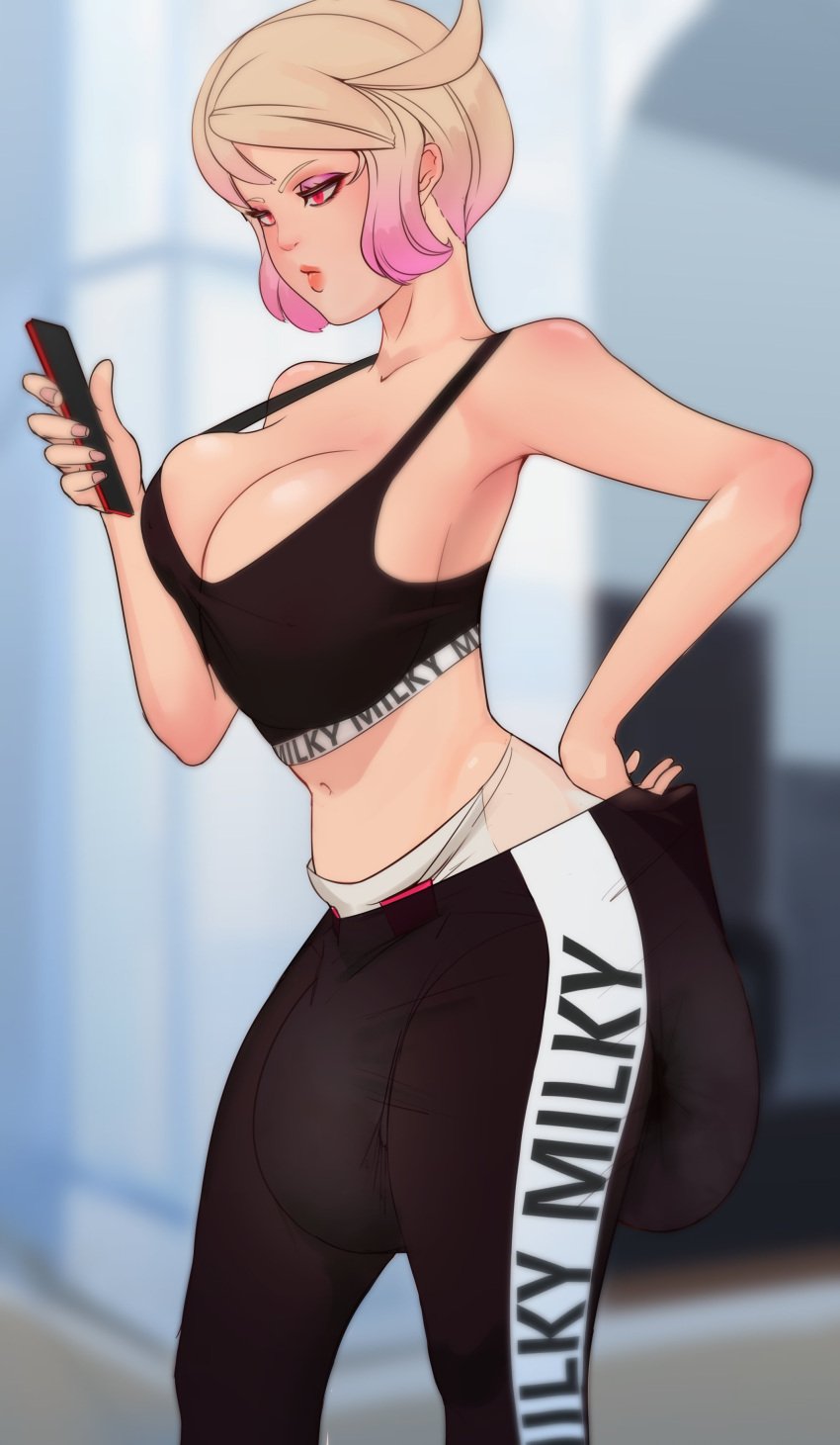 1girls blonde_hair checking_phone diaper diaper_under_clothing female highlights messy_diaper milkriot milky_(milkriot) original original_character phone red_eyes sports_bra sportswear text_on_clothing wet_diaper yoga_pants