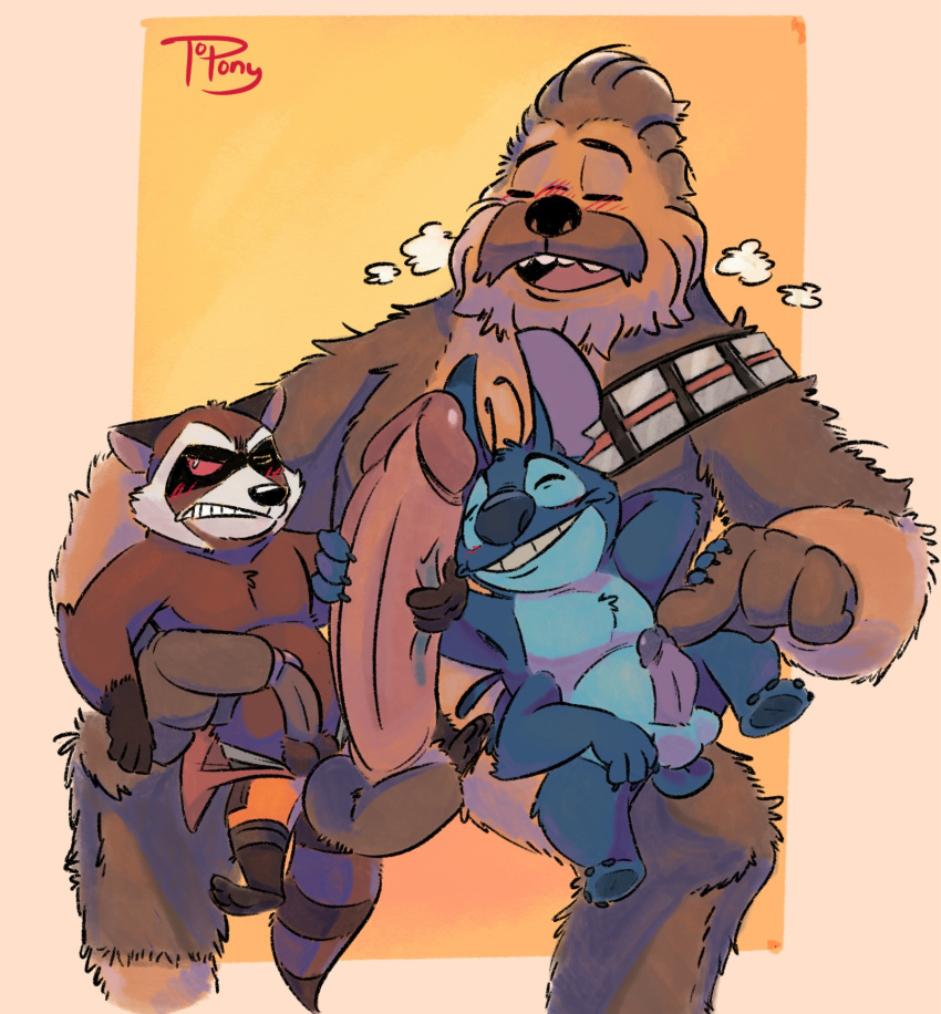 3boys 4_arms alien anthro balls blue_body blue_fur blush chewbacca crossover disney embarrassed erection experiment_(lilo_and_stitch) fur gay genitals group group_sex guardians_of_the_galaxy hi_res lilo_and_stitch male male/male male_only mammal marvel multi_arm multi_limb penis procyonid raccoon red_eyes rocket_raccoon sex shortstack size_difference star_wars stitch threesome topony wookiee yaoi