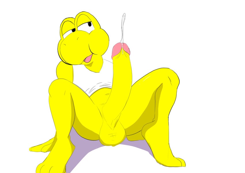 1boy balls big_penis bodily_fluids clothed clothing foreskin genital_fluids genitals hi_res koopa koopa_troopa long_penis male mario_(series) nintendo open_mouth pantsless partially_clothed penis precum presenting presenting_penis reptile retracted_foreskin scalie solo spread_legs spreading turtle twerpishimp