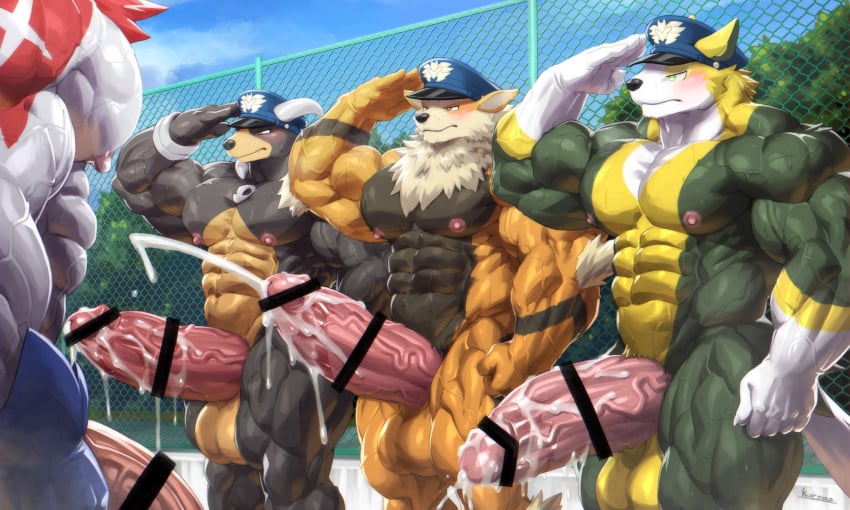 2021 abs absurd_res anthro arcanine back_muscles balls biceps big_balls big_muscles big_penis blush bodily_fluids boltund censor_bar censored cum cum_on_penis cum_on_self cumshot detailed_background ejaculation erection excessive_cum excessive_genital_fluids fence generation_1_pokemon generation_2_pokemon generation_8_pokemon genital_fluids genitals gesture group half-erect hi_res houndoom huge_balls huge_cock huge_muscles hyper hyper_balls hyper_genitalia hyper_muscles hyper_penis kuroma legendary_pokemon male muscular muscular_arms muscular_butt muscular_legs muscular_male muscular_thighs nintendo nipples outdoor_nudity pecs penis plant pokemon pokemon_(species) police_hat salute source_request tree trio vein veiny_penis zamazenta