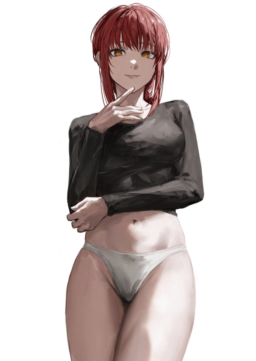 1girls anime bare_thighs black_shirt chainsaw_man female female_focus female_only light-skinned_female light_skin looking_at_viewer looking_down looking_down_at_viewer makima_(chainsaw_man) manga midriff pantless raberu_ruru red_hair shirt solo solo_female solo_focus thighs underwear white_underwear yellow_eyes