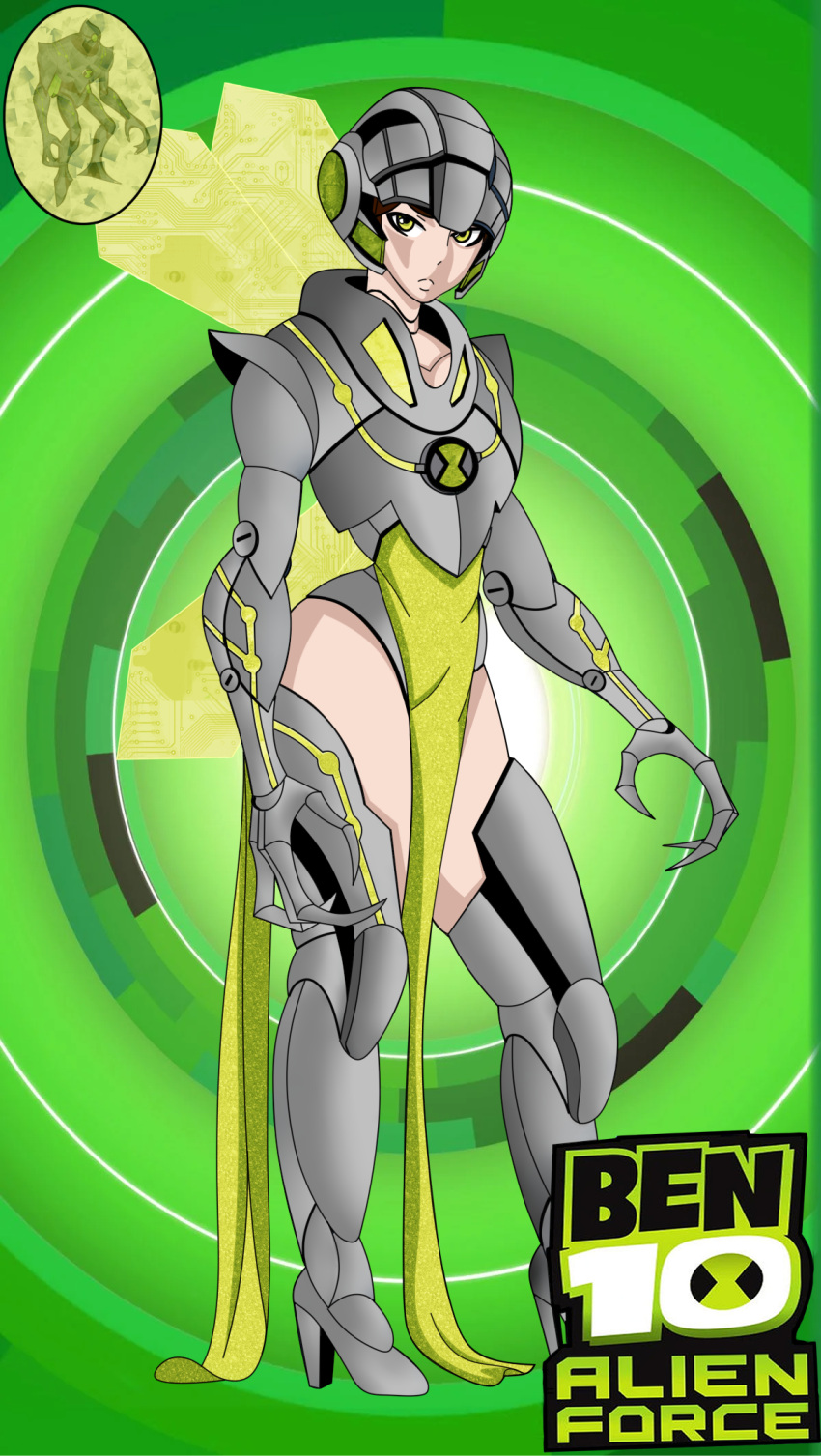 1girls ass_visible_through_thighs ben_10 ben_10_alien_force ben_tennyson black_lipstick cartoon_network cyborg female female_ben gender_transformation genderswap_(mtf) heeled_feet maudxie mtf_transformation navel omnitrix rule_63 short_hair thighs transformation