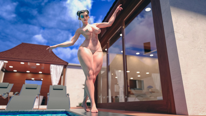 1girls 2023 3d asian asian_female black_hair chun-li female female_only huge_breasts muscular muscular_female outdoor outdoors outside panties pasties poolside solo solo_female standing street_fighter street_fighter_6 sunglasses tinted_eyewear walking wide_hips yume3dx