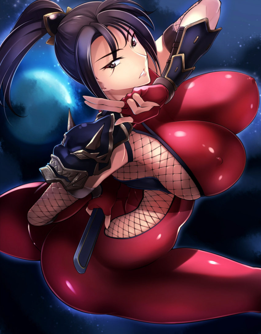 1girls 2017 absurd_res black_hair bodysuit breasts brown_eyes female fingerless_gloves fishnets gloves haganef holding_object huge_breasts kunoichi long_hair moon namco night ninja nipple_bulge outdoors pinup ponytail sheath shoulder_pads skin_tight sky solo solo_focus soul_calibur taki