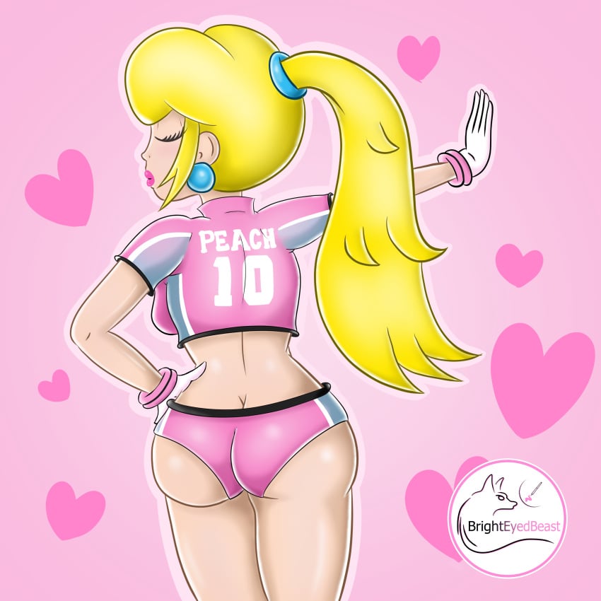 2024 2d 2d_(artwork) brighteyedbeast bubble_butt closed_eyes heart jpeg jpg mario_(series) mario_strikers mario_strikers_peach_back_view_redraw_(meme) nintendo pink_background pink_shorts princess_peach shorts sport super_mario_strikers tagme yellow_hair