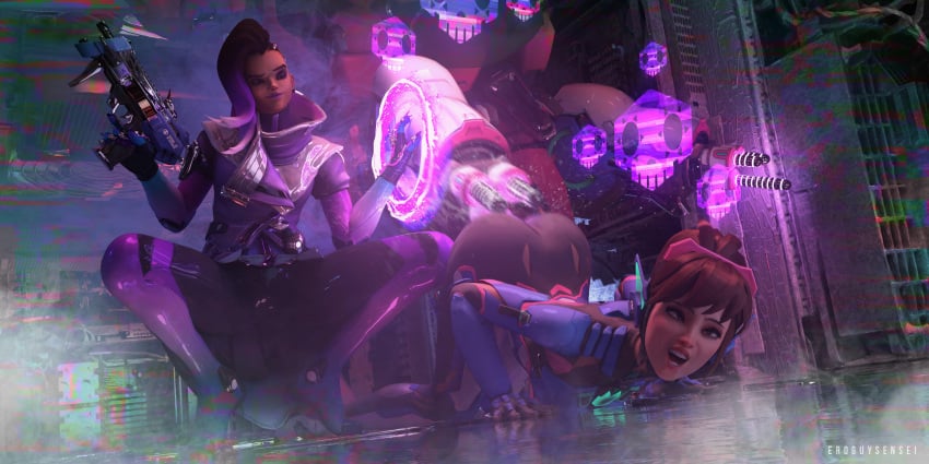 2024 2girls 3d all_fours being_watched blizzard_entertainment bodysuit brown_hair clothed clothing d.va dutch_angle eroguysensei female female_only female_watching femdom fucking_machine indoors multiple_girls on_all_fours overwatch sex_machine sombra