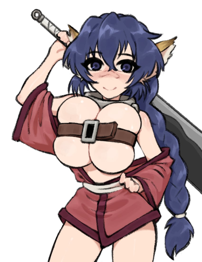 belt belt_bra blue_eyes blue_hair commission commissioner_upload female furry_ears gurumo huge_breasts karura_(utawarerumono) looking_at_viewer metal_collar partially_clothed ponytail solo standing sword utawarerumono