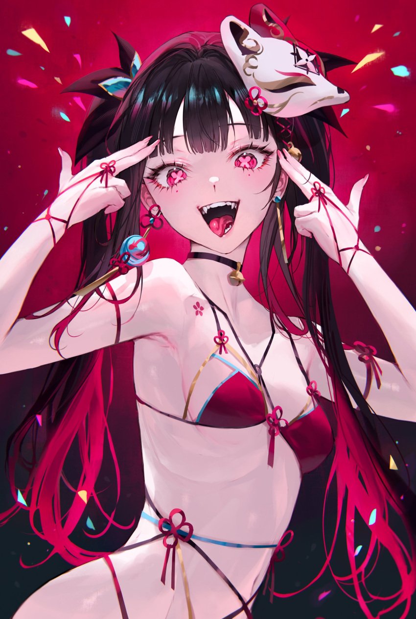 1girls bikini bikini_top black_hair butterfly-shaped_pupils female female_focus female_only hair hair_ornament honkai:_star_rail honkai_(series) light-skinned_female light_skin long_hair looking_at_viewer maniac mask mask_on_head mouth_open petite qiandaiyiyu red_eyes sharp_teeth skimpy skimpy_bikini small_breasts smile smiling smiling_at_viewer solo sparkle_(honkai:_star_rail) tagme teeth tongue tongue_out twintails unusual_pupils