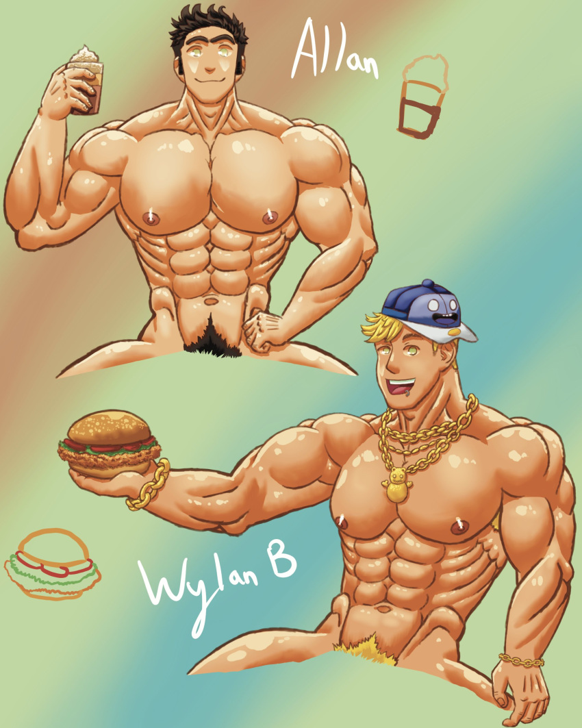 2boys allan_(papa_louie) beanie color doufuhua_art flipline flipline_studios food gay male male/male muscles muscular muscular_male papa_louie pubic_hair simple_background tagme video_game video_game_character video_game_franchise video_games wylam_b_(papa_louie)