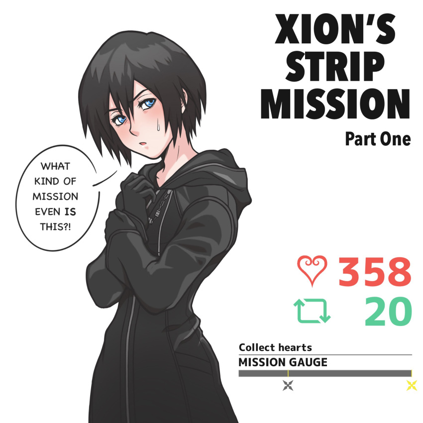 1girls black_hair blue_eyes clothed coat female gloves kingdom_hearts seifuku_slayer short_hair solo solo_female sweatdrop twitter_strip_game_(meme) xion