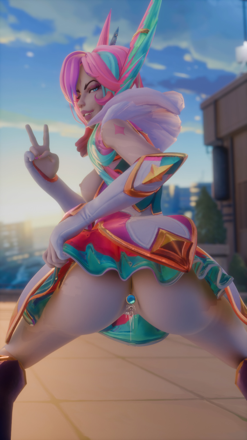 3d ass breasts buttplug cum league_of_legends lifting_skirt looking_at_viewer otaviox6 purple_eyes pussy rooftop star_guardian_series star_guardian_xayah v_sign xayah