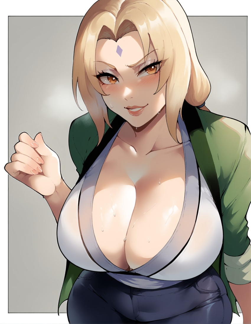 1girls ai_generated big_breasts blonde_hair blush bodily_fluids breast_focus breasts breasts_bigger_than_head brown_eyes child_bearing_hips cleavage cleavage_overflow facial_mark female female_focus forehead_mark grin haori huge_breasts kelly_ai kimono large_breasts light-skinned_female light_skin looking_at_viewer makeup mommy nai_diffusion naruto naruto_(classic) naruto_(series) naruto_shippuden naughty naughty_face naughty_smile no_bra no_bra_under_clothes oppai pants sagging_breasts smile solo solo_focus stable_diffusion sweat sweatdrop sweating sweaty sweaty_body tsunade twintails upper_body voluptuous voluptuous_female wide_hips