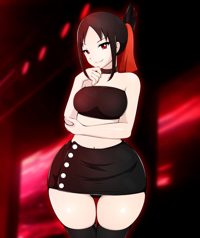 1girls ass big_ass big_breasts black_hair breasts choker curvy_female highres huge_ass huge_breasts kaguya-sama_wa_kokurasetai_~tensai-tachi_no_renai_zunousen~ large_breasts looking_at_viewer red_eyes shinomiya_kaguya skirt smile solo solo_female tagme thick_thighs thighhighs tight_clothes tube_top wide_hips zonen404