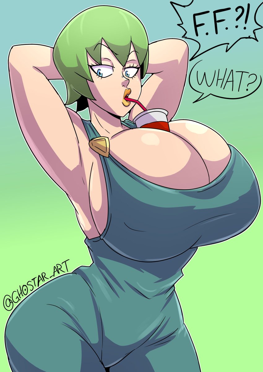 1girls big_cleavage big_penis blue_hair breasts_bigger_than_head cleavage drink drink_on_breasts drinking_straw eyelashes female female_only foo_fighters ghostar green_hair hair jojo's_bizarre_adventure large_ass lipstick looking_at_viewer object_between_breasts overalls shorts sideboob solo solo_female solo_focus stone_ocean text wide_hips