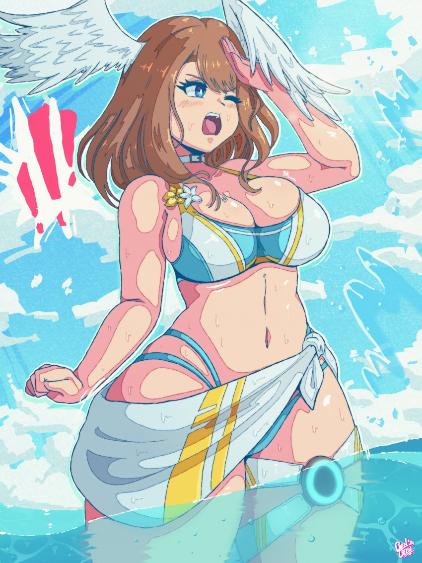 1girls benbeau bikini blue_eyes breasts brown_hair eunie_(xenoblade) female female_only large_breasts one_eye_closed solo swimsuit thighs water wet wide_hips xenoblade_chronicles_3