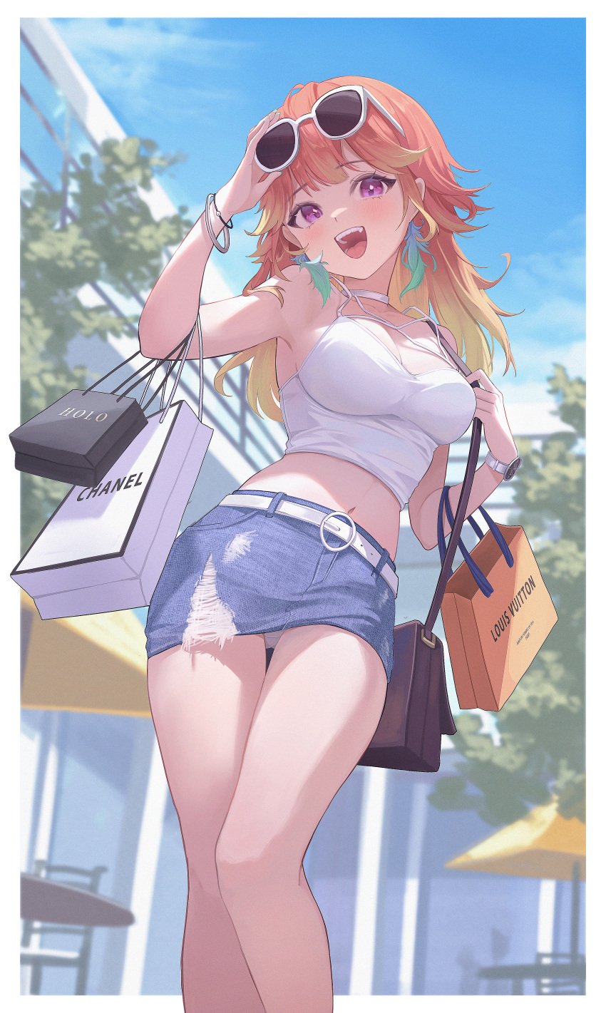 1girls ai_assisted ai_generated belt beltskirt bracelets breasts buildings chanel choker clouds crop_top denim denim_skirt earrings feather_earrings hololive hololive_english hololive_myth large_breasts looking_at_viewer louis_vuitton midori_xu midriff multicolored_hair navel orange_hair outside painted_fingernails panties purple_eyes shopping_bag skirt sky sunglasses sunglasses_on_head takanashi_kiara trees upskirt virtual_youtuber white_crop_top white_panties wholesome wristwatch yellow_hair