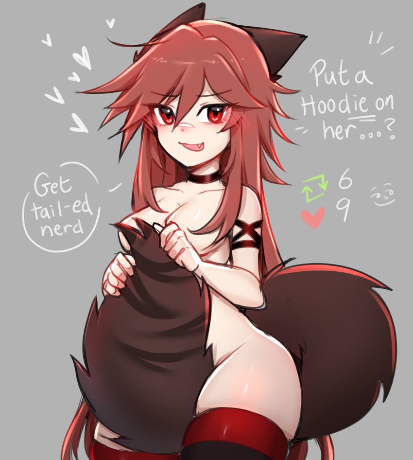 1girls blush brown_hair choker covered_nipples covering covering_breasts covering_crotch cry_(crydiaa) crydiaa english_text looking_at_viewer open_mouth original red_eyes solo solo_female solo_focus strip_game striped_thighhighs tail tail_covering_crotch tail_covering_privates tail_covering_pussy thighhighs wolf_ears wolf_girl