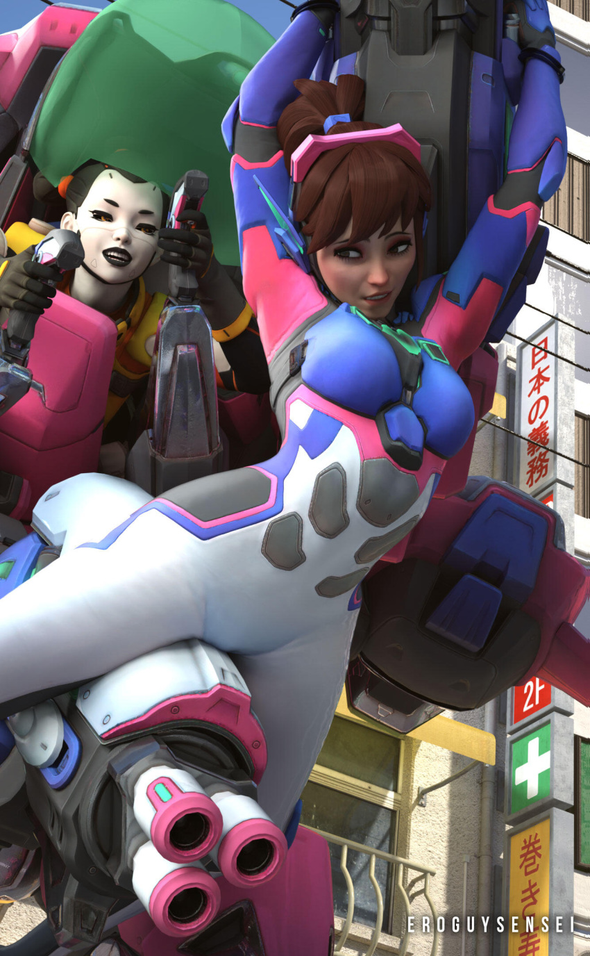 2024 2girls 3d arms_up artist_name asian asian_female black_hair black_lipstick black_sclera blizzard_entertainment bodysuit brown_hair d.va eroguysensei fanart female female_only hinotori_kiriko kiriko_(overwatch) large_breasts lipstick mech multiple_girls orange-eyes outdoor outdoors outside overwatch overwatch_2 solo_focus tagme