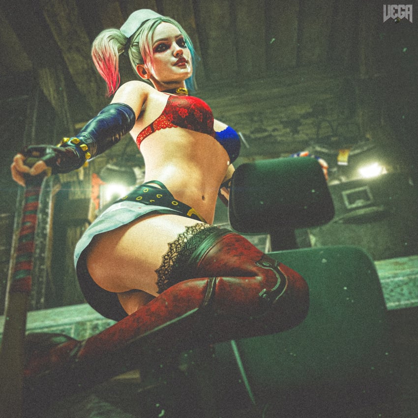 1girls 3d batman:_arkham_asylum batman_(series) blonde_hair clothed clothed_female dc dc_comics female female_focus female_only full_color harley_quinn harley_quinn_(injustice) injustice_2 looking_at_viewer low-angle_view multicolored_hair no_penetration nurse project_vega skimpy skimpy_clothes solo solo_female standing superhero_costume superheroine tagme