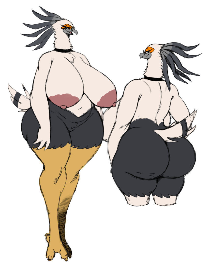 absurd_res accipitriform ass avian beak big_breasts big_butt bird black_body black_feathers breasts erect_nipples eyewear feathers glasses hi_res huge_breasts huge_butt multicolored_body nipples no_humans non-mammal_breasts secretary_bird sssonic2 thick_thighs two_tone_body white_body white_feathers