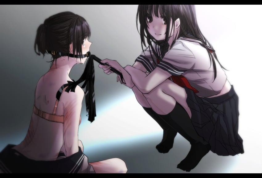 2girls ball_gag black_hair black_skirt bondage bra breasts brown_eyes bruise crying crying_with_eyes_open dominatrix female female_only flogger gag gagged holding_flogger holding_whip ice_(aitsugai) long_hair multiple_girls neckerchief orange_bra original sailor_collar school_uniform shirt shirt_removed short_hair skirt slave small_breasts socks squatting tears whip white_shirt yuri