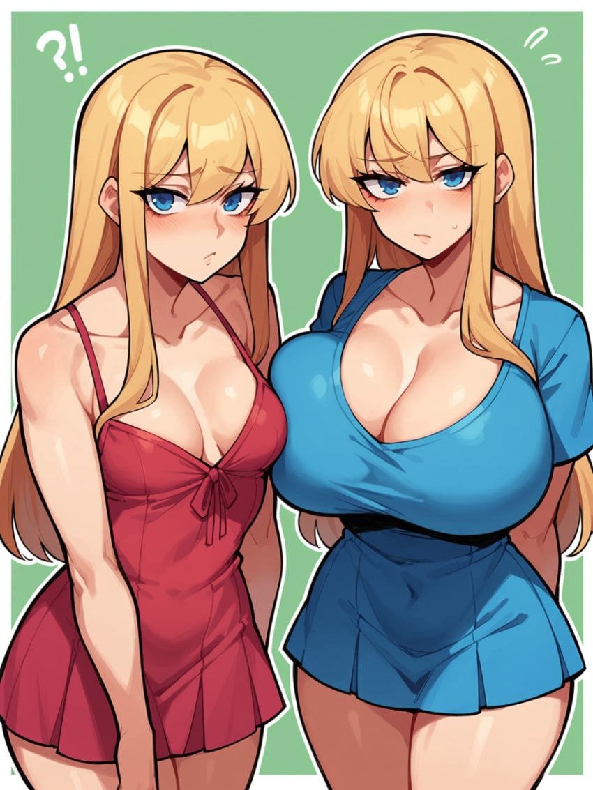 2girls ai_generated blonde_female blonde_hair blonde_hair blonde_hair_female blue_eyes breast_envy breasts breasts breasts huge_boobs huge_breasts huge_breasts jorgecarlosai multiple_girls sister_and_sister sisters small_boobs small_breasts small_tits tagme twins