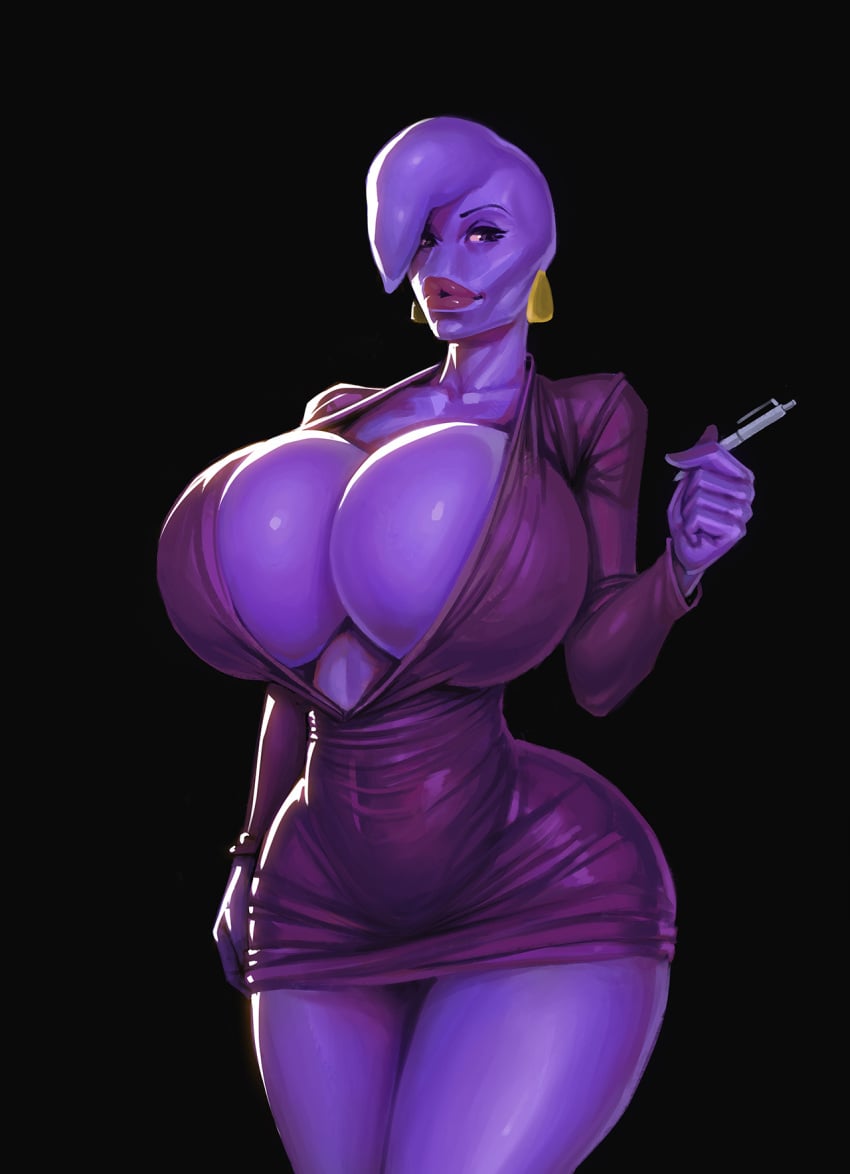 1girls boobsgames cleavage dress ear_piercing gigantic_breasts huge_breasts huge_cleavage leah_estrogen osmosis_jones pink_skin purple_dress wide_hips