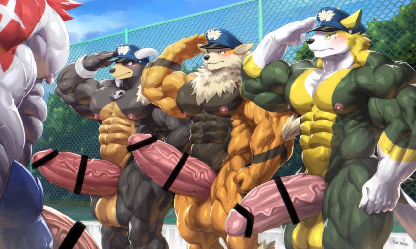 2021 abs absurd_res anthro arcanine back_muscles balls biceps big_balls big_muscles big_penis blush boltund censor_bar censored detailed_background erection fence generation_1_pokemon generation_2_pokemon generation_8_pokemon genitals gesture group half-erect hi_res houndoom huge_balls huge_cock huge_muscles hyper hyper_balls hyper_genitalia hyper_muscles hyper_penis kuroma legendary_pokemon male muscular muscular_arms muscular_butt muscular_legs muscular_male muscular_thighs nintendo nipples outdoor_nudity pecs penis plant pokemon pokemon_(species) police_hat salute source_request tree trio vein veiny_penis zamazenta