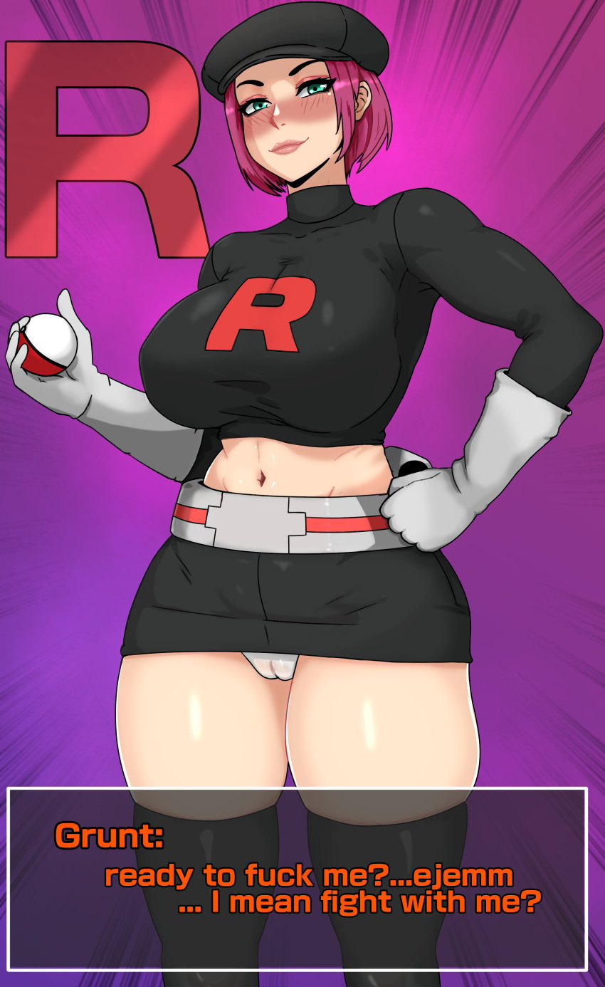 1girls abs beret black_legwear blush breasts english_text female female_team_rocket_grunt_(pokemon_go) gigantic_breasts gloves green_eyes hand_on_hip hat holding_object huge_breasts large_breasts makeup midriff mini_skirt panties panties_peek pantyshot pink_hair pokeball pokemon pokemon_go pussy pussy_visible_through_clothes short_hair skirt standing team_go_rocket team_rocket team_rocket_grunt_(pokemon_go) team_rocket_uniform text text_box text_bubble thighhighs thighs umbra_arts underwear white_gloves white_panties