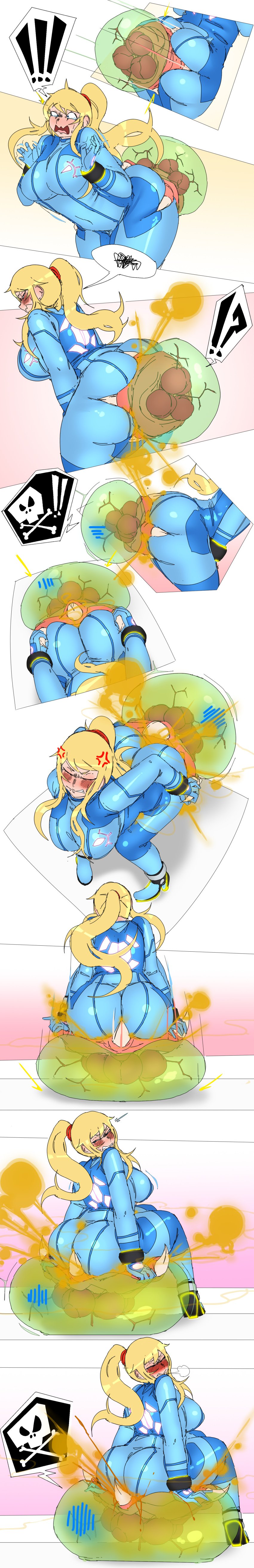 !!! !? 1girls above_view ass ass ass_grab bent_over big_ass big_butt blonde_hair blue_bodysuit blue_eyes bodysuit closed_eyes fart fart_cloud fart_fetish farting grabbing_own_ass lazei metroid metroid_(creature) nintendo open_mouth ponytail rear_view samus_aran shart sharting side_view standing tears text_bubble thick_thighs viewed_from_above viewed_from_behind visible_breath zero_suit zero_suit_samus