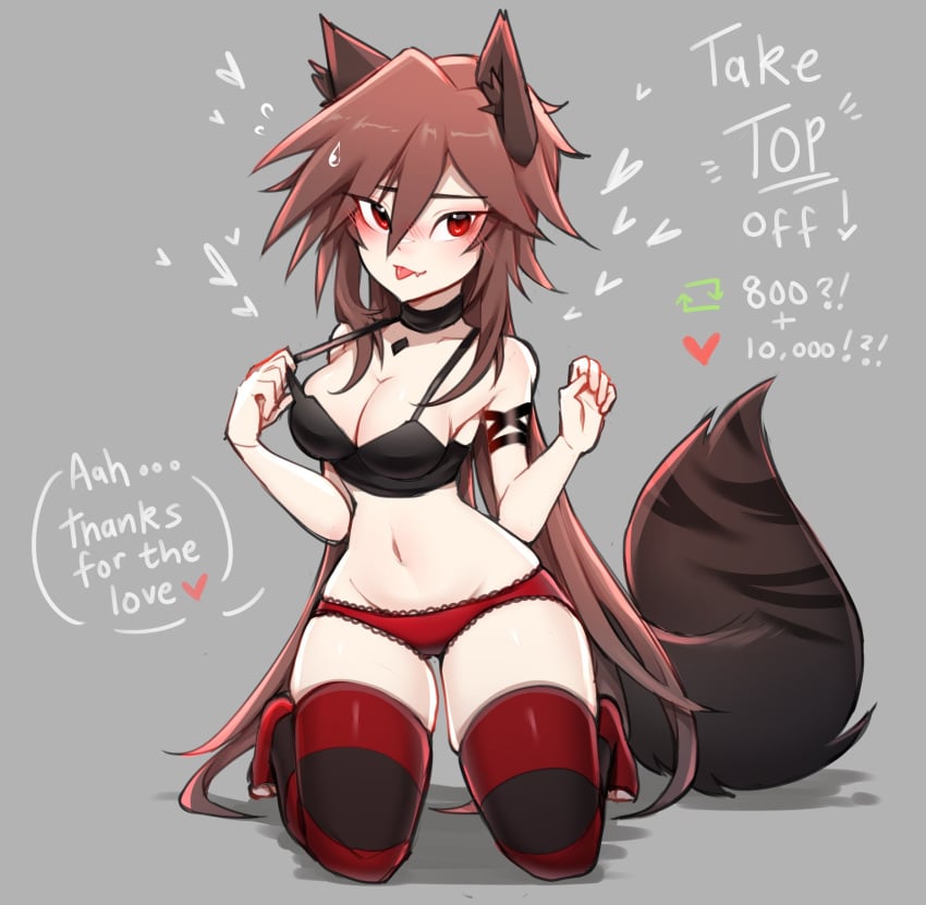 1girls black_top blush breasts brown_hair choker cleavage cry_(crydiaa) crydiaa english_text frilled_panties frills kneeling looking_at_viewer navel original panties red_eyes red_panties solo solo_female solo_focus strip_game striped_thighhighs tail thighhighs tongue tongue_out underwear wolf_ears wolf_girl