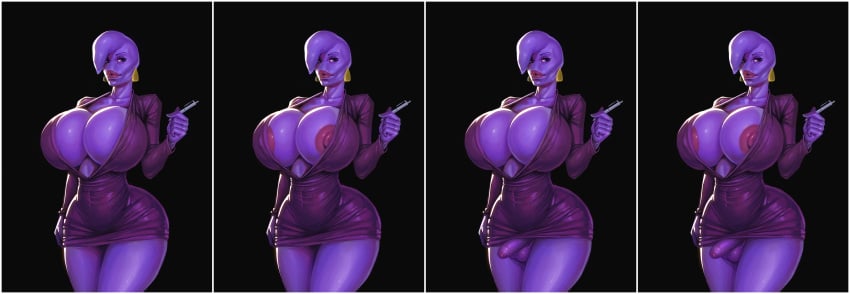 1futa 1girls balls big_nipples boobsgames bottomless breasts cleavage clothed clothing dress ear_piercing erection female futanari gigantic_breasts huge_breasts huge_cleavage humanoid leah_estrogen mostly_clothed nipple_slip nipples no_nose osmosis_jones partially_retracted_foreskin penis pink_skin purple_dress small_penis smooth_balls smooth_penis solo standing thick_thighs uncut wide_hips