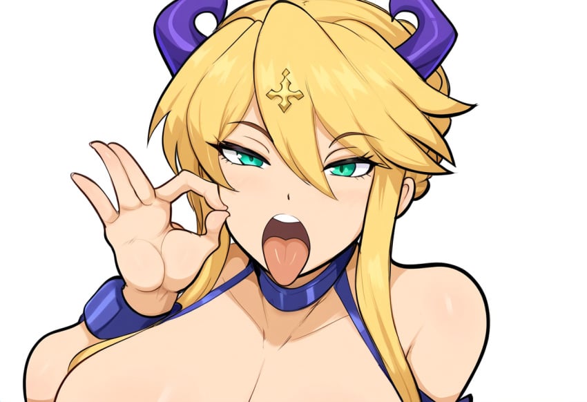 1girls ai_generated artoria_pendragon artoria_pendragon_(lancer) blonde_hair facing_viewer fate_(series) fellatio_gesture female inviting_to_sex large_breasts looking_at_viewer mullon novelai open_mouth solo suggestive suggestive_gesture tongue