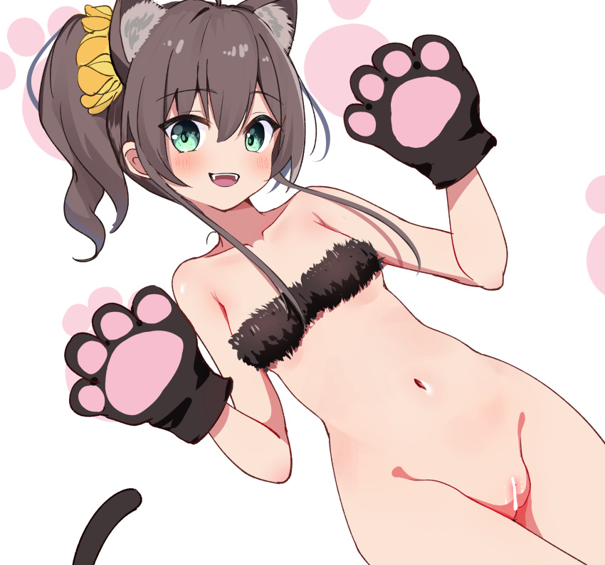 animal_ear_fluff animal_ears animal_hands aqua_eyes bandeau bar_censor bikini black_bikini blush bottomless breasts cat_ears cat_girl cat_tail censored female fur_bikini gloves hair_ornament hair_scrunchie head_tilt highres hololive hololive_gen_1 hololive_japan looking_at_viewer natsuiro_matsuri navel ontake2009 open_mouth paw_gloves pussy scrunchie side_ponytail sidelocks small_breasts smile solo stomach strapless strapless_bikini swimsuit tail virtual_youtuber white_background yellow_scrunchie