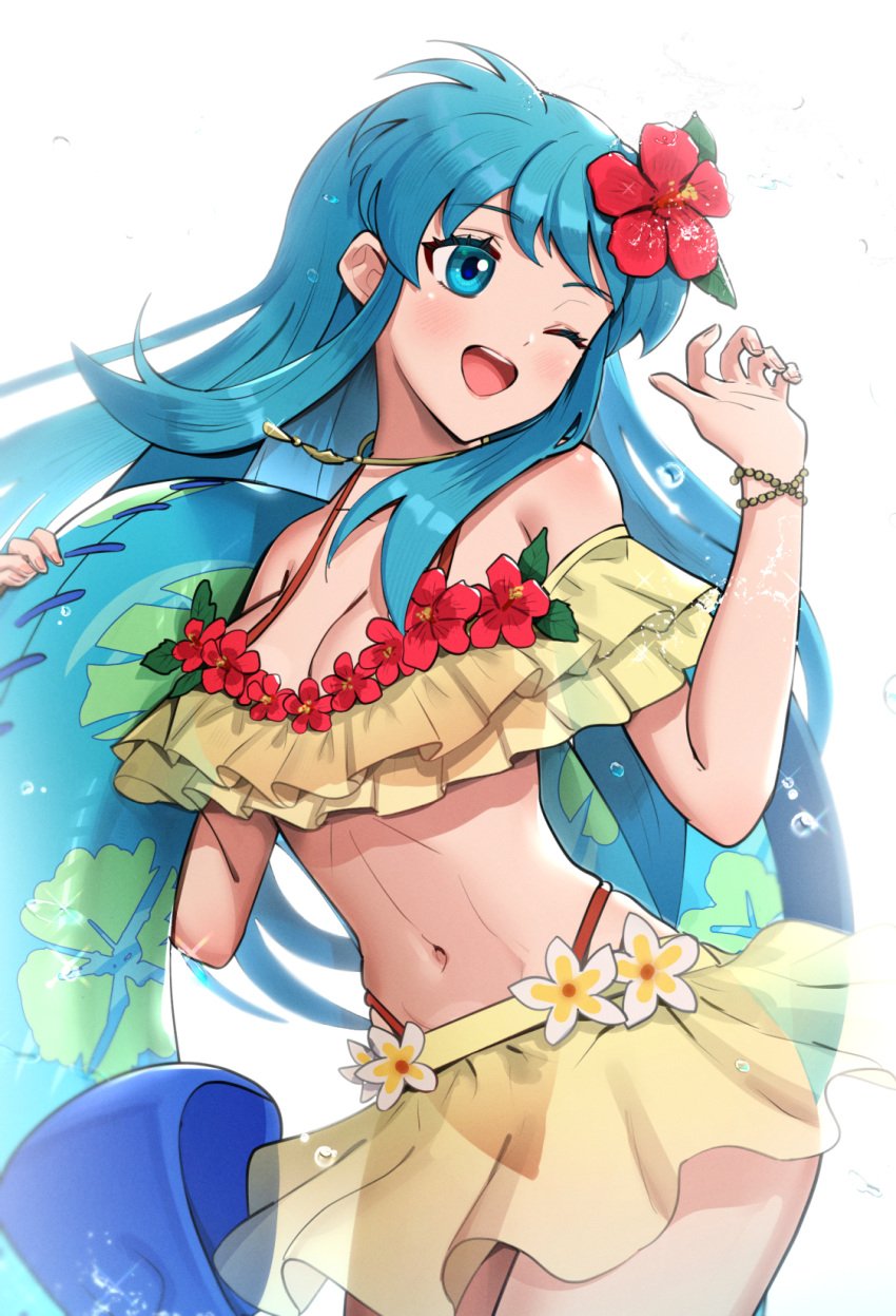 1girls alternate_costume aqua_eyes aqua_hair bikini bikini_skirt breasts cleavage eirika_(fire_emblem) eirika_(summer)_(fire_emblem) female female_only fire_emblem fire_emblem:_the_sacred_stones fire_emblem_heroes frilled_bikini frills gonzarez highres layered_bikini long_hair medium_breasts navel nintendo official_alternate_costume one_eye_closed open_mouth red_bikini red_swimsuit see-through simple_background solo swimsuit two-tone_bikini white_background yellow_bikini yellow_swimsuit