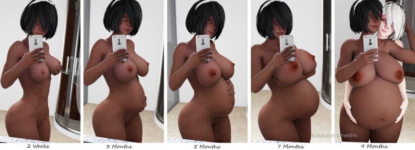 2021 3d black_hair black_hairband dark-skinned_female dark_skin fanart female front_view gray_hair grey_hair hairband holding_breast huge_breasts justausernamesfm large_breasts looking_at_viewer mirror_selfie nier:_automata nude nude_female pregnancy_progression pregnant sagging_breasts selfie short_hair smartphone standing white_hair white_hairband yorha_2b yorha_2p yuri