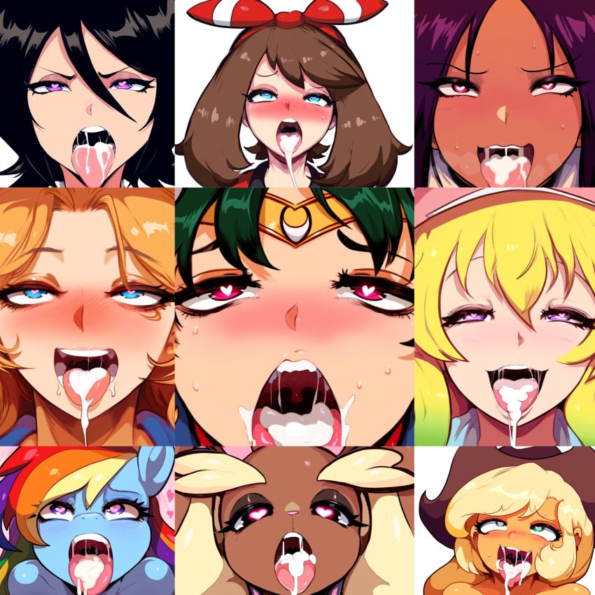 after_fellatio ahe_gao ai_generated applejack_(mlp) bishoujo_senshi_sailor_moon bleach crossover cum_in_mouth dc_comics female female_only human kara_zor-el kobayashi-san_chi_no_maidragon kuchiki_rukia lopunny lucoa_(maidragon) may_(pokemon) may_(pokemon_oras) multiple_girls my_little_pony novelai pokemon pokemon_(species) pokemon_oras quetzalcoatl_(dragon_maid) rainbow_dash_(mlp) sailor_pluto setsuna_meiou shihouin_yoruichi supergirl superman_(series) tagme