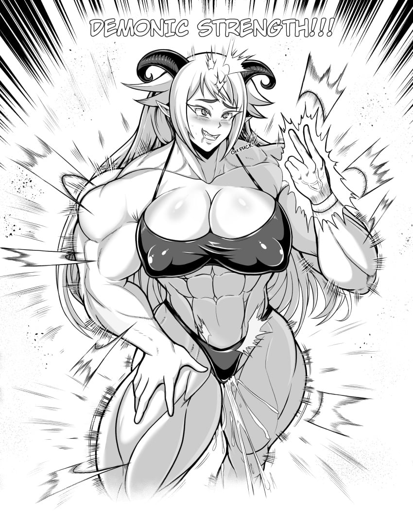 abs black_and_white flanc20 huge_breasts muscle_growth muscular_female nipple_bulge original_character succubus