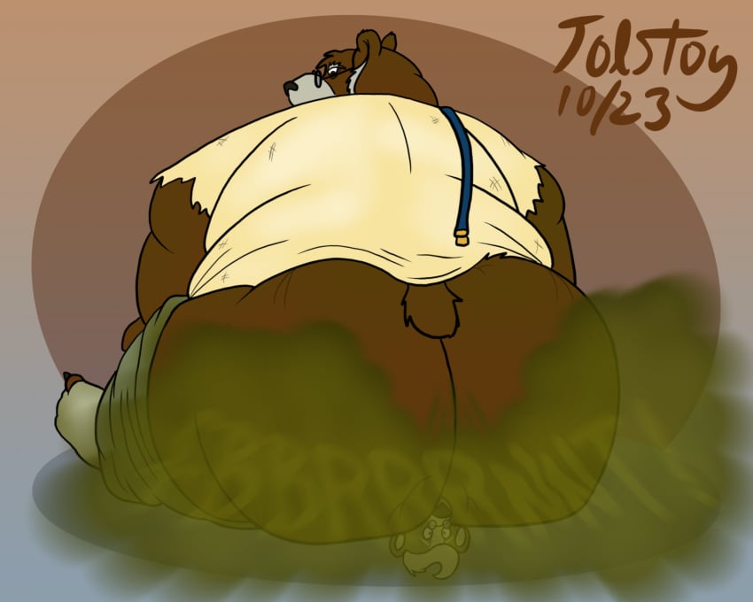 anthro ass bear big_butt clothed clothing duo eyewear facesitting fart fart_cloud fart_fetish fart_sniffing farting_on_another gassy glasses hi_res male male/male mammal mephitid obese obese_anthro obese_male overweight overweight_anthro overweight_male ray_rhythmus sitting_on_another size_difference skunk smelly sniffing thick_thighs tolstoy_(artist)